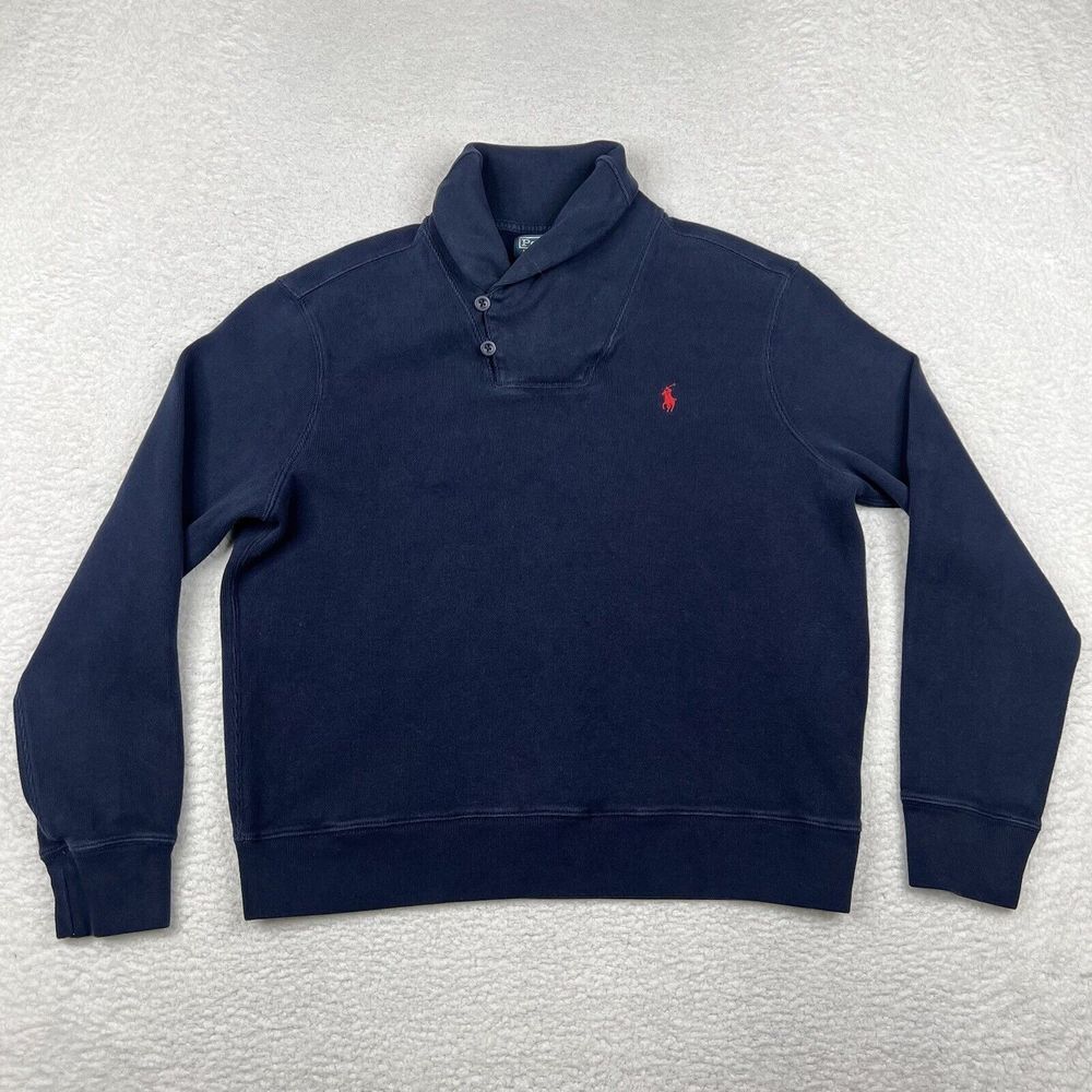 Vintage Polo Ralph Lauren Sweater Mens Large Navy Blue Shawl Collar Knit Cotton